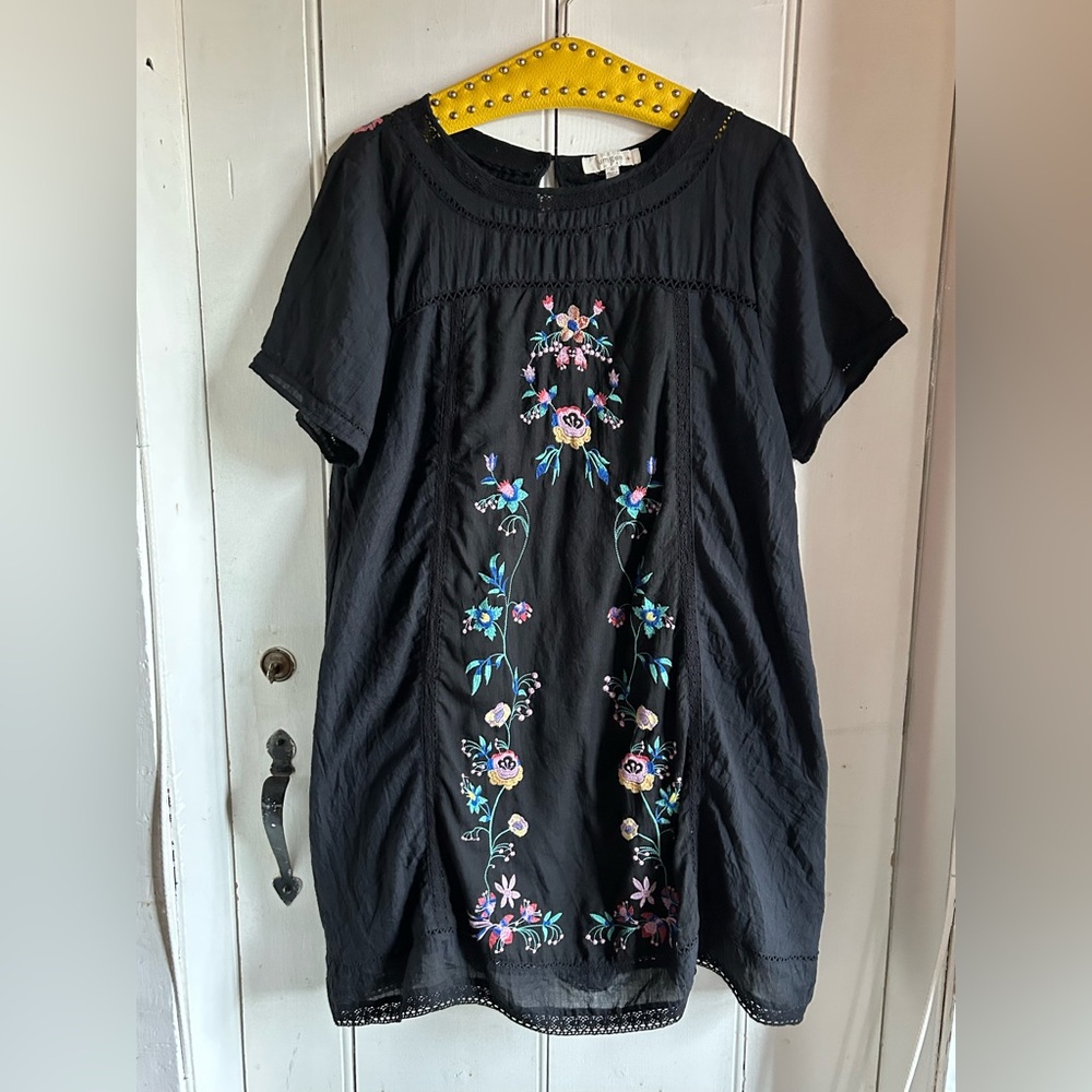 Black Floral Cotton Embroidered Dress XL lined